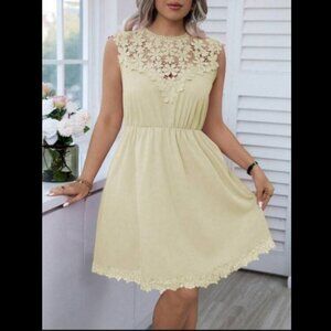Celure Plus Size Summer Holiday Solid Color Lace Patchwork Sleeveless Dress